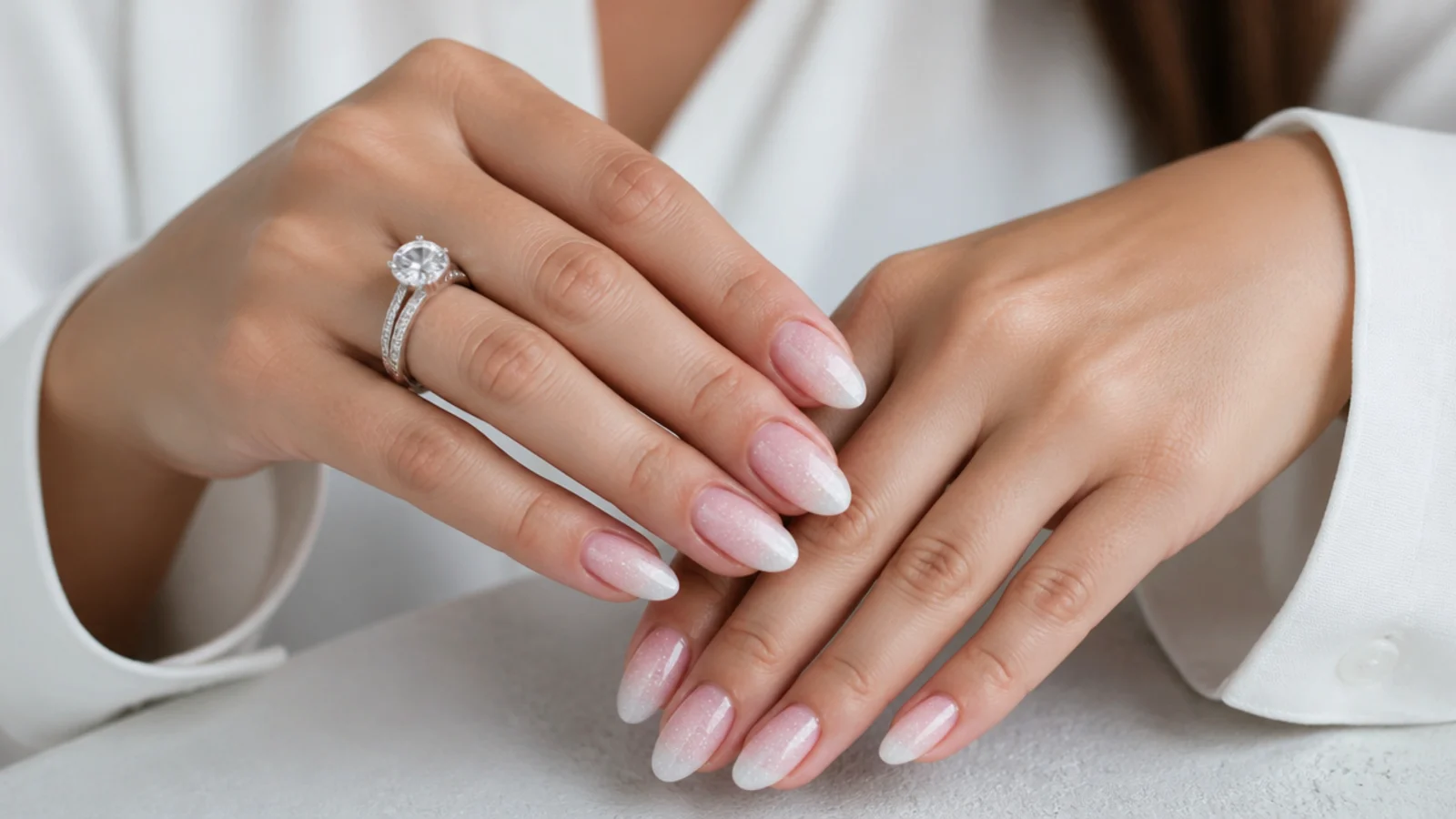 Baby boomer nails with a soft pink glitter ombre