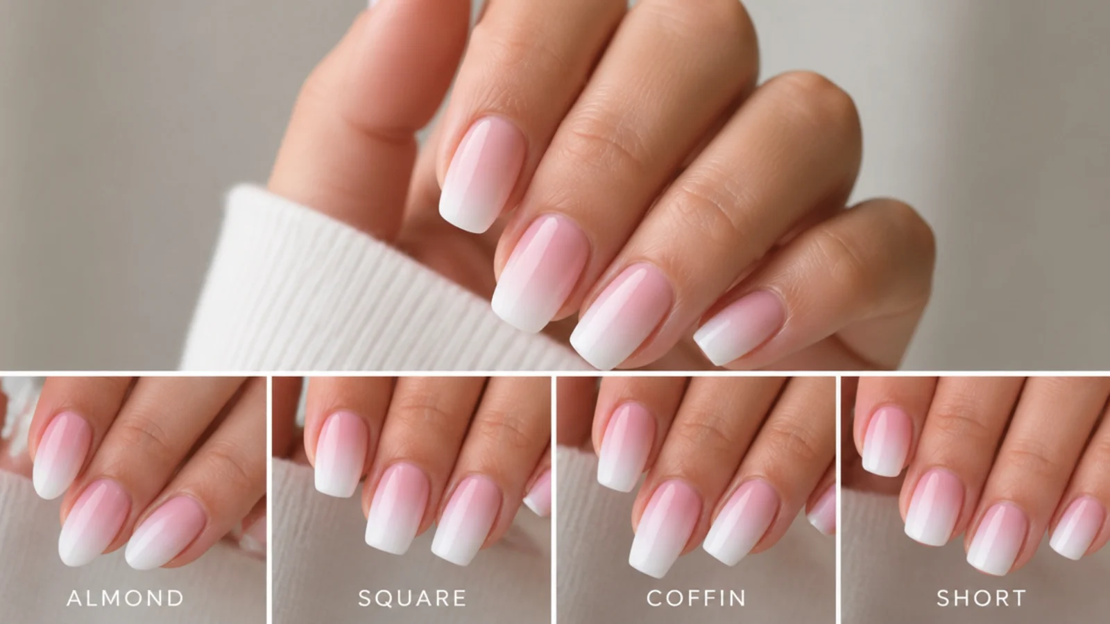 Baby boomer nails shown in almond, square, coffin and short shapes
