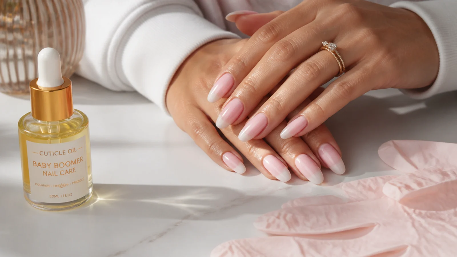 Cuticle oil and gloves for baby boomer nail care