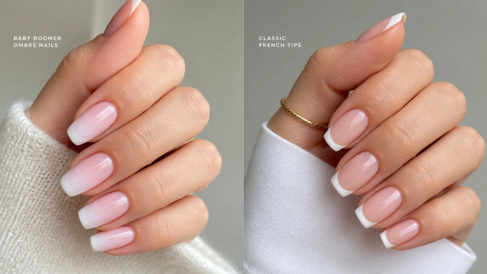 Baby boomer ombre nails next to classic French tip nails