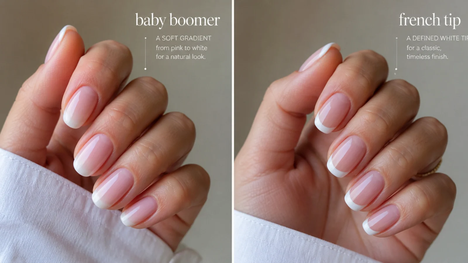 Baby boomer vs French tip comparison, vertical Pinterest style