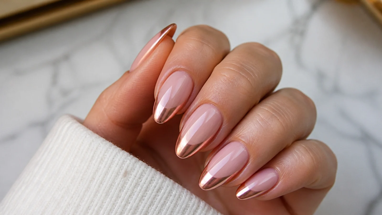 Baby boomer nails with a rose gold chrome finish