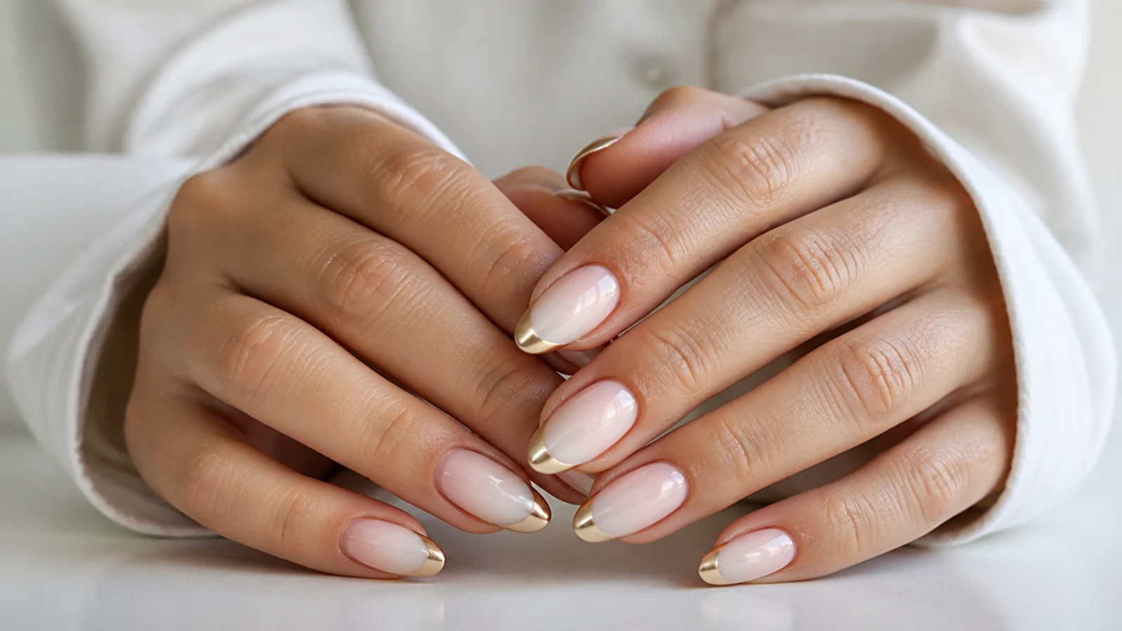 Baby boomer nails with a warm gold chrome finish
