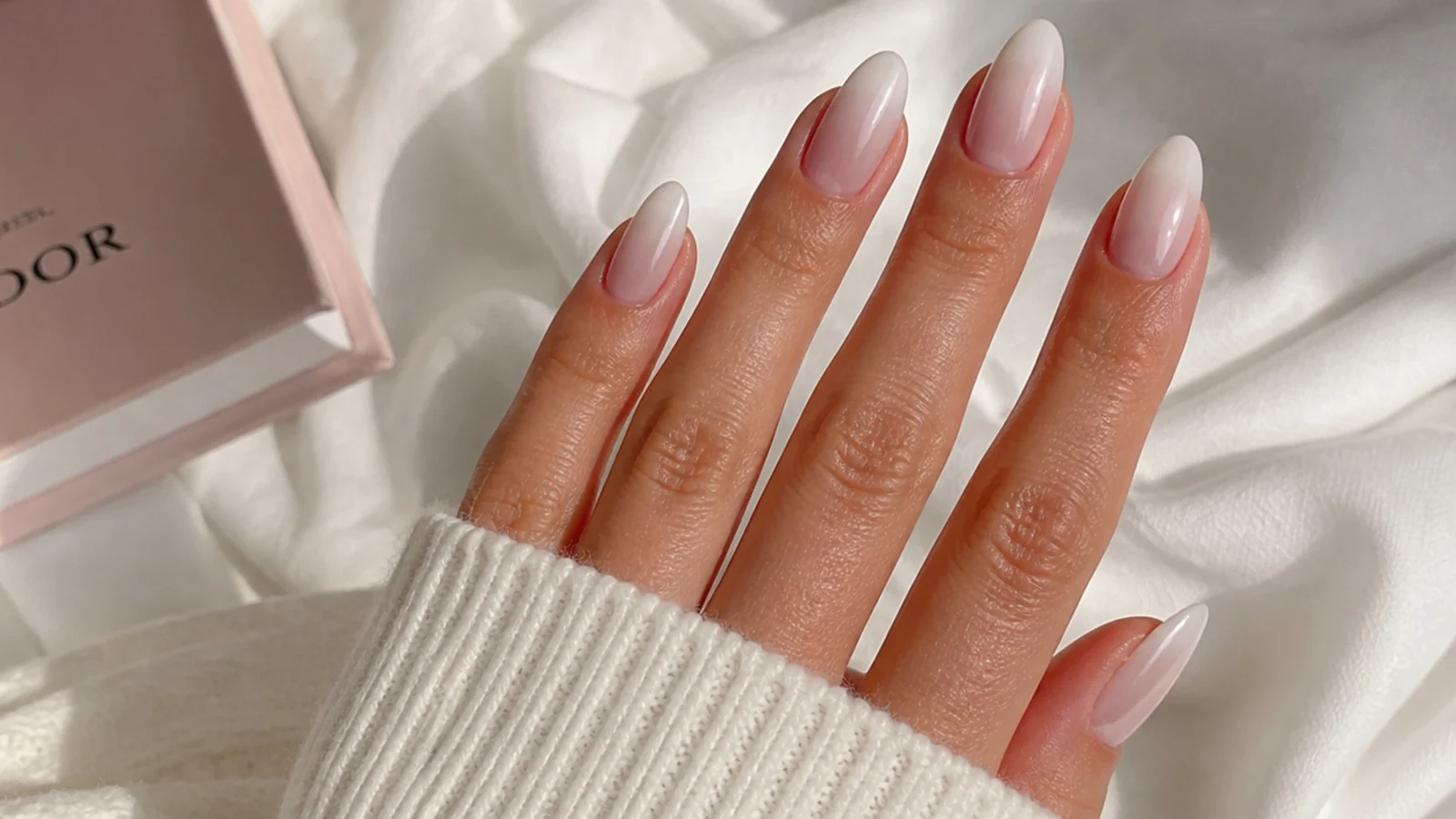 Almond baby boomer nails with pearl chrome