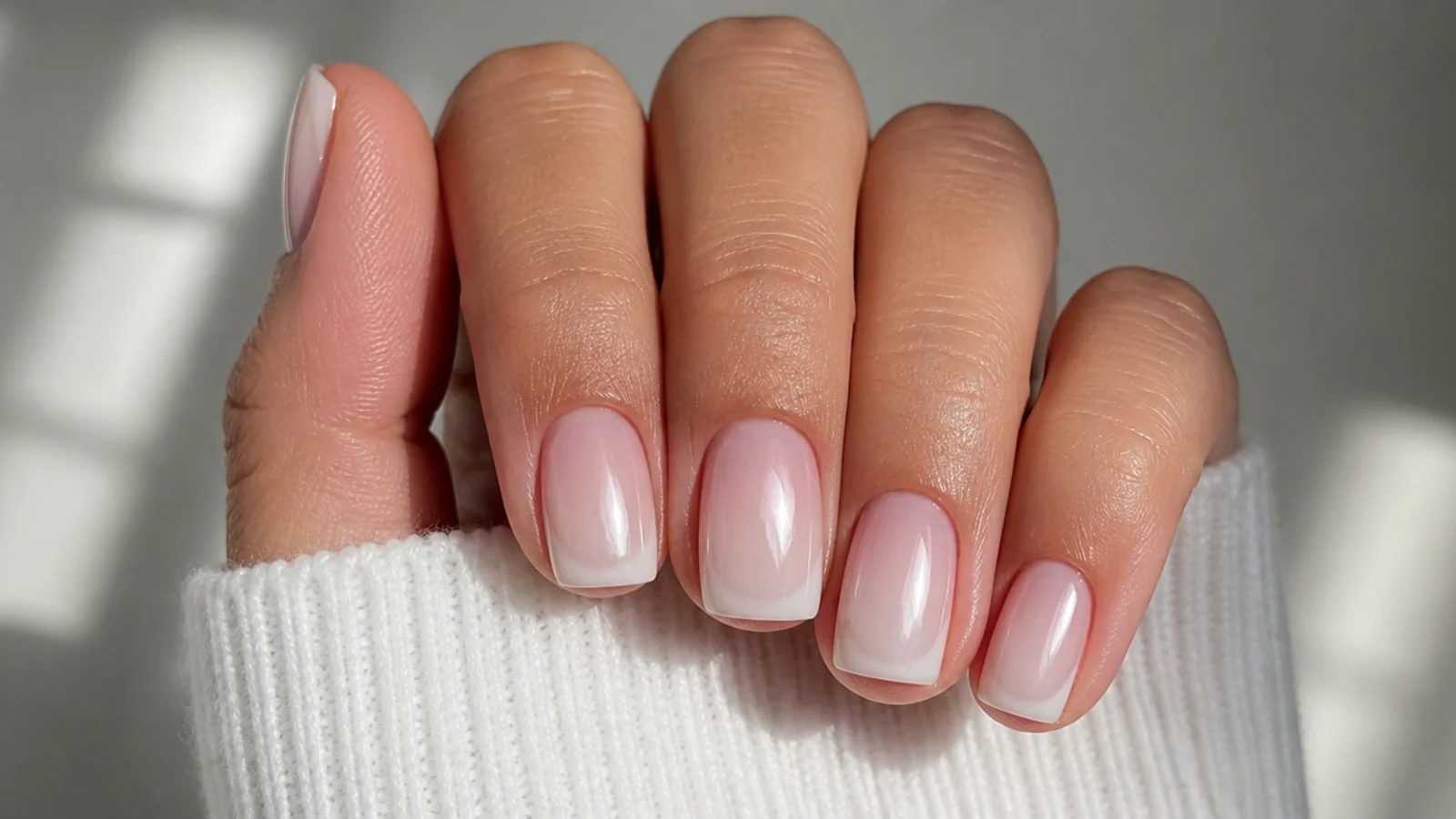 Short square baby boomer nails with pearl chrome