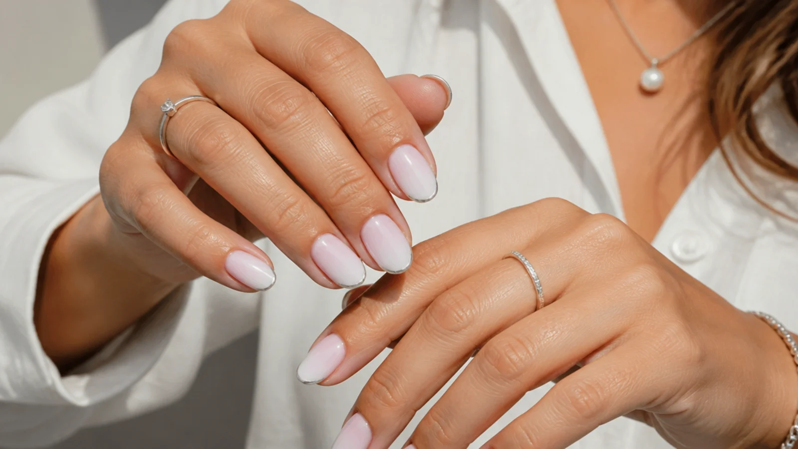 Baby boomer nails with a chrome French line
