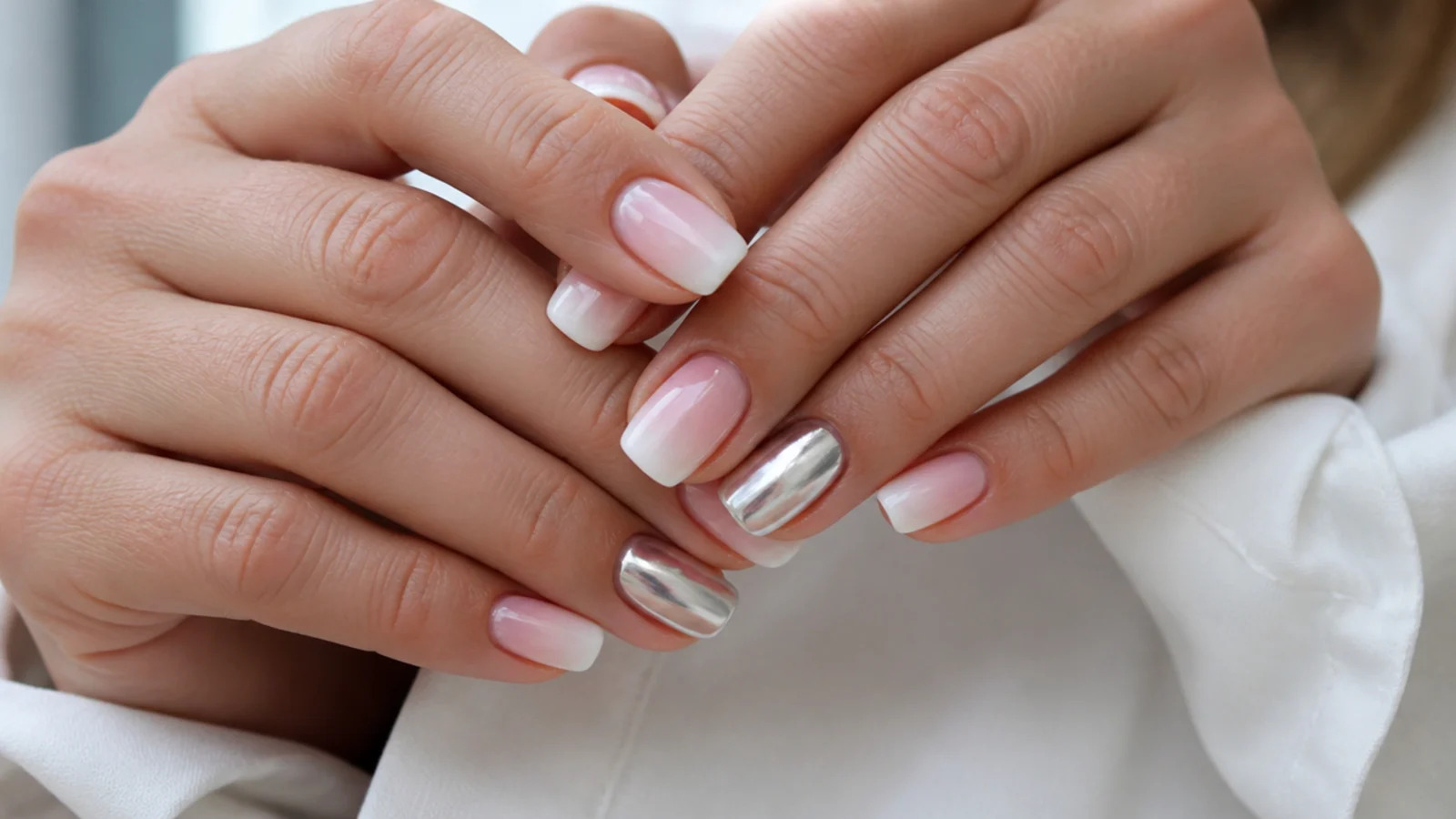 Baby boomer nails with one chrome accent nail