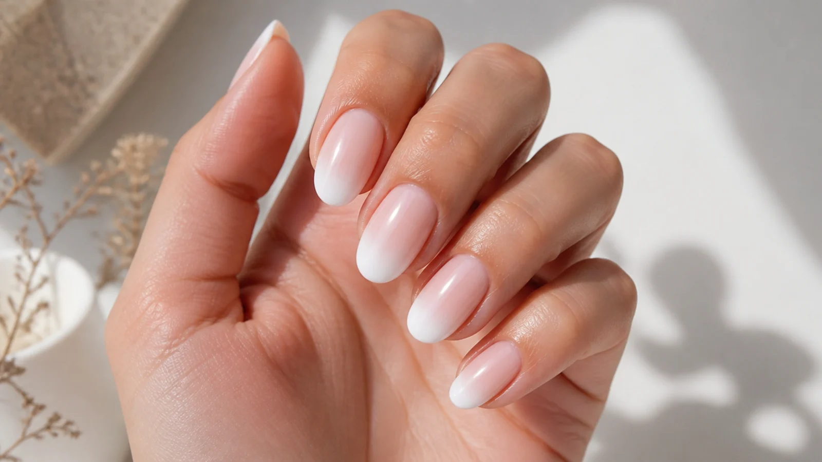 Baby boomer nails with a milky white chrome