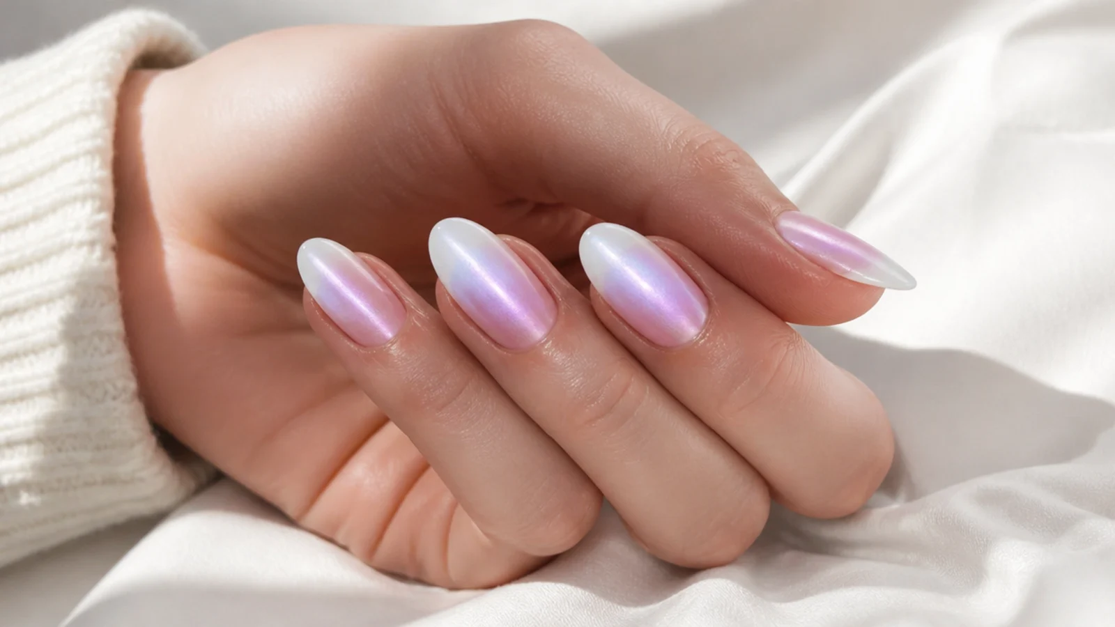 Baby boomer nails with a lavender aurora chrome