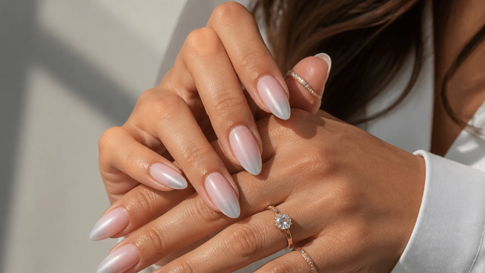 Extra-long almond baby boomer nails with chrome