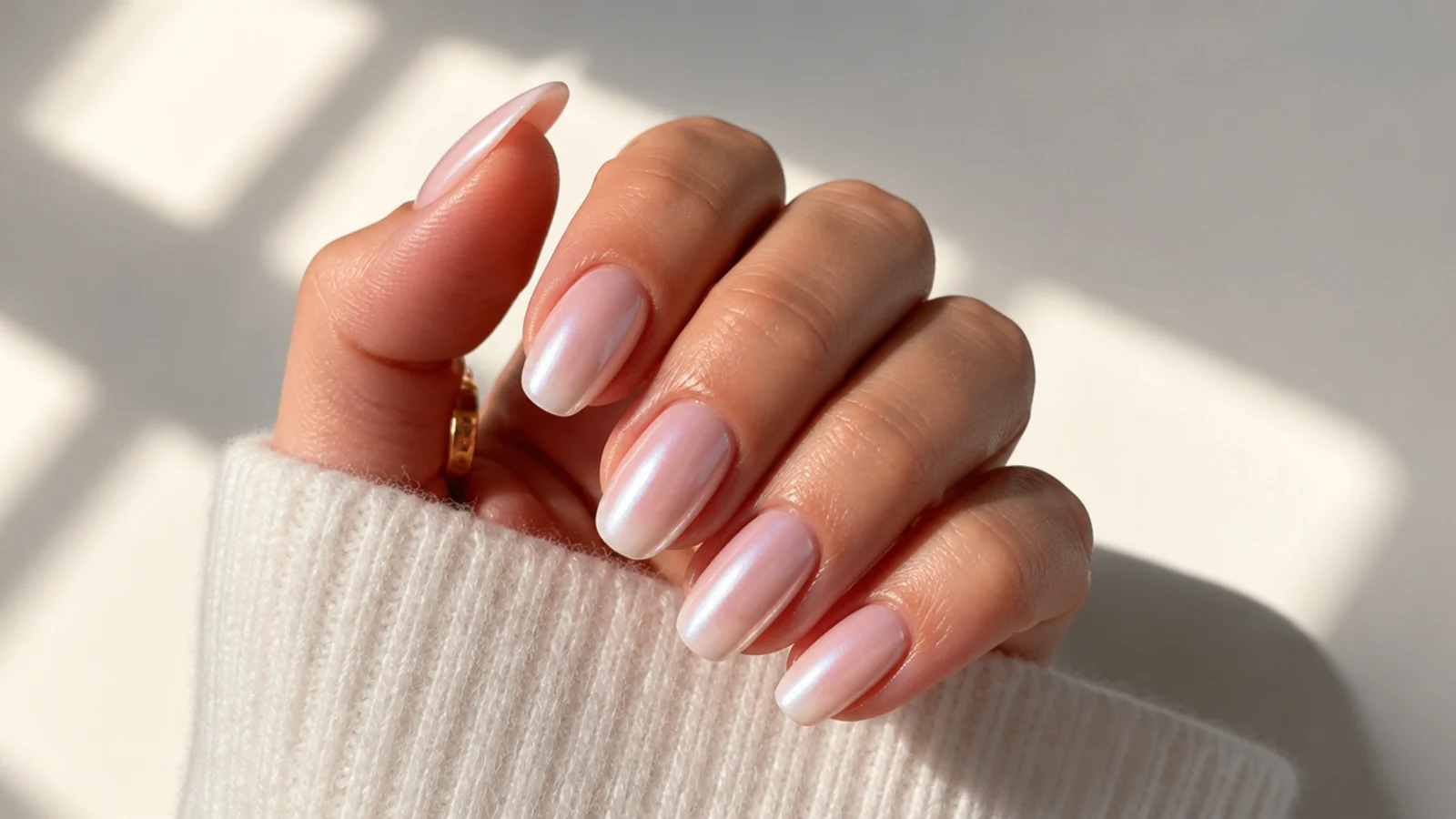 Baby boomer nails with a champagne chrome finish