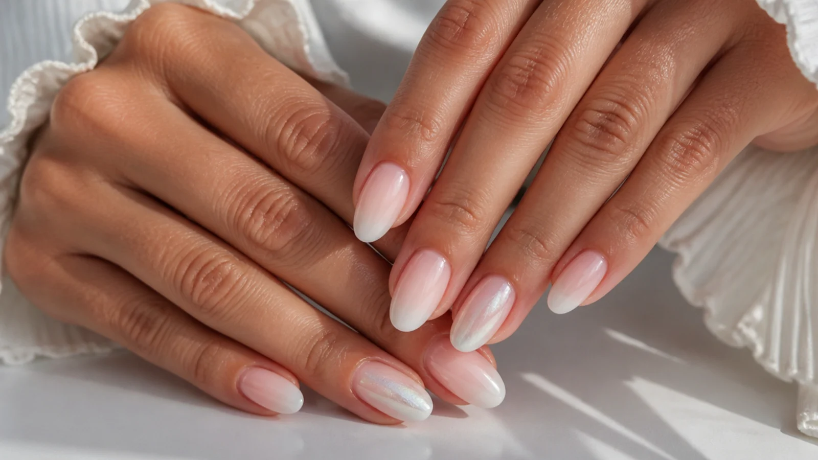 Baby boomer nails with a chrome cat-eye accent