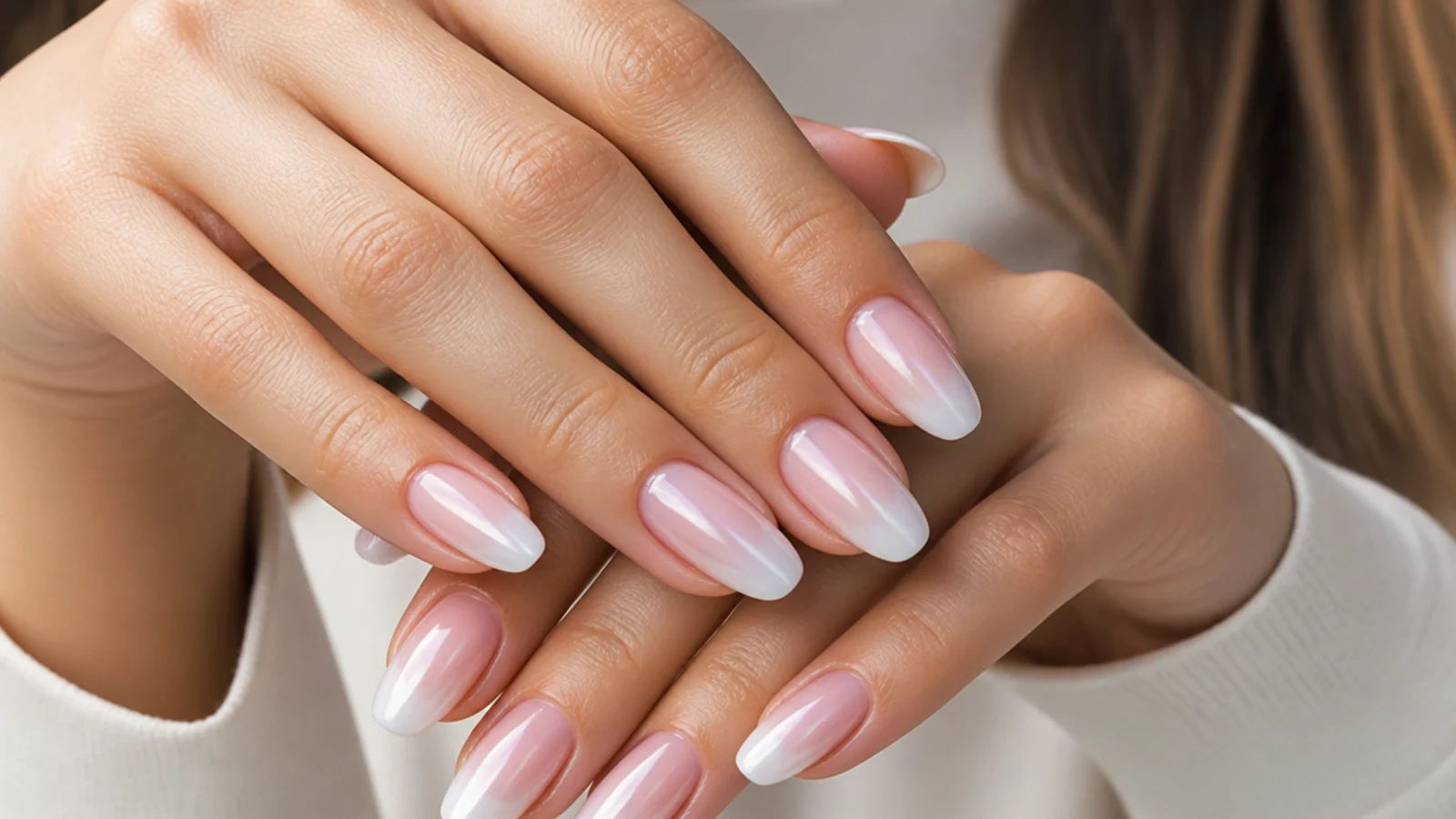 A full set of pearl chrome baby boomer nails