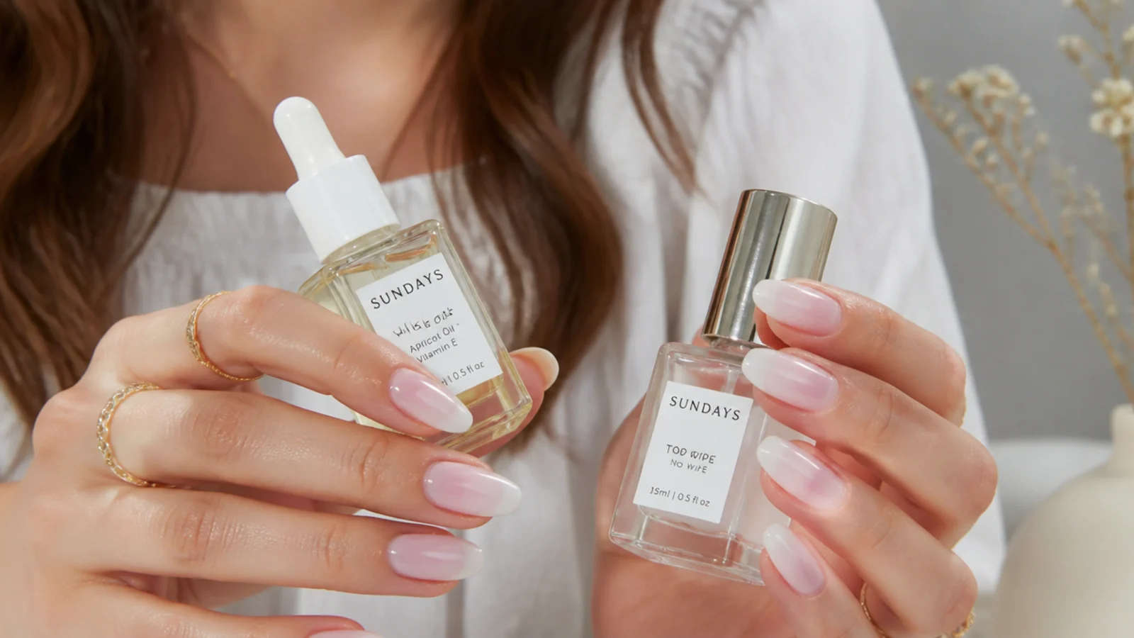 Cuticle oil and top coat for chrome baby boomer nails