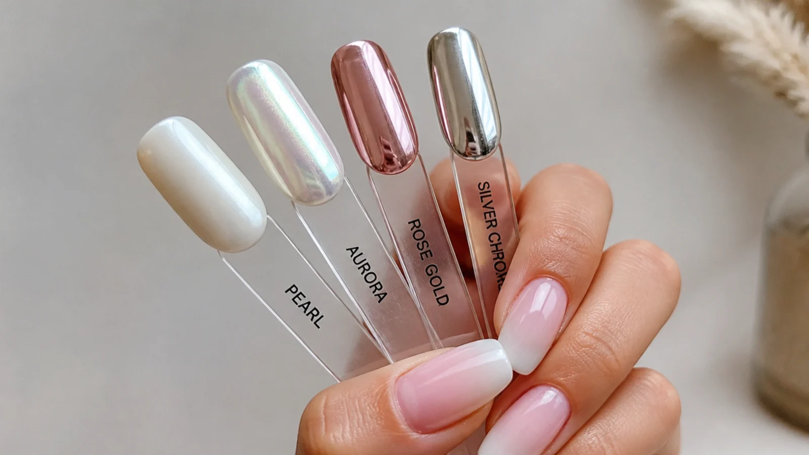 Pearl, aurora, rose gold and silver chrome swatches