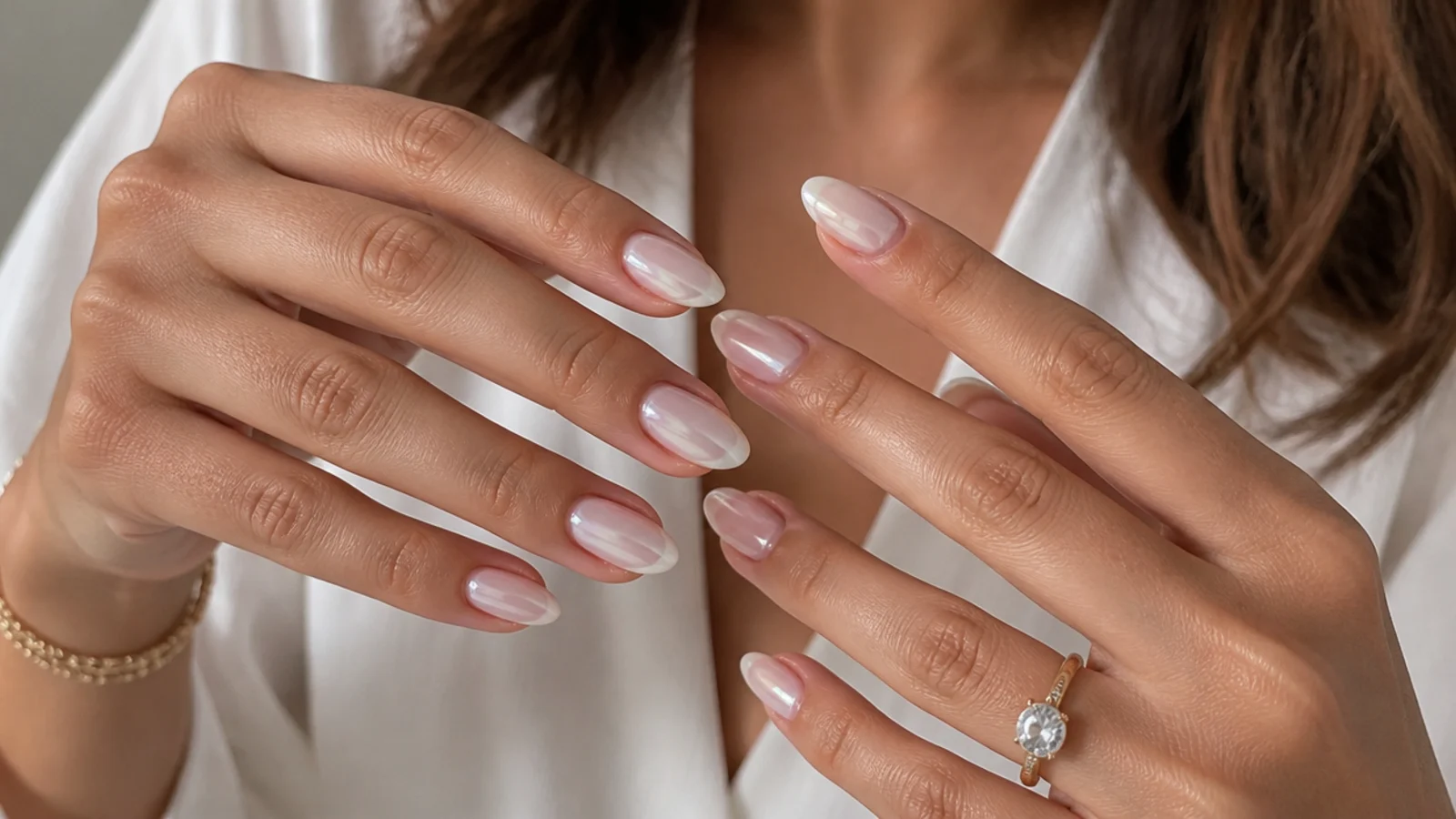 Baby boomer nails with a glowing pearl chrome finish