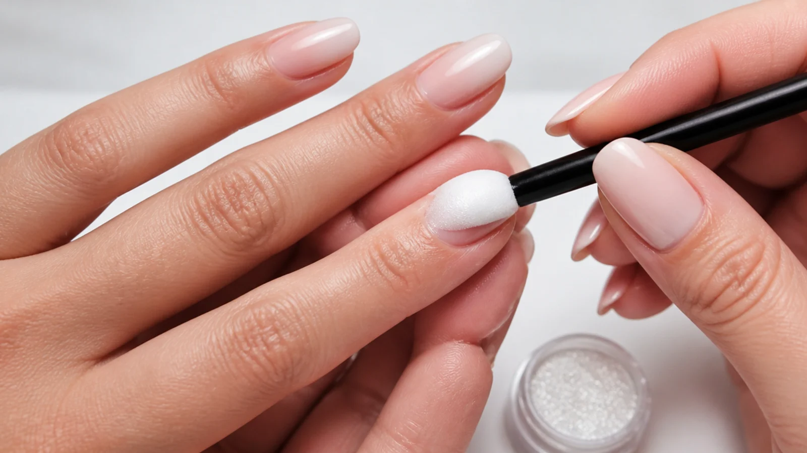 Chrome powder being buffed over a gel baby boomer nail