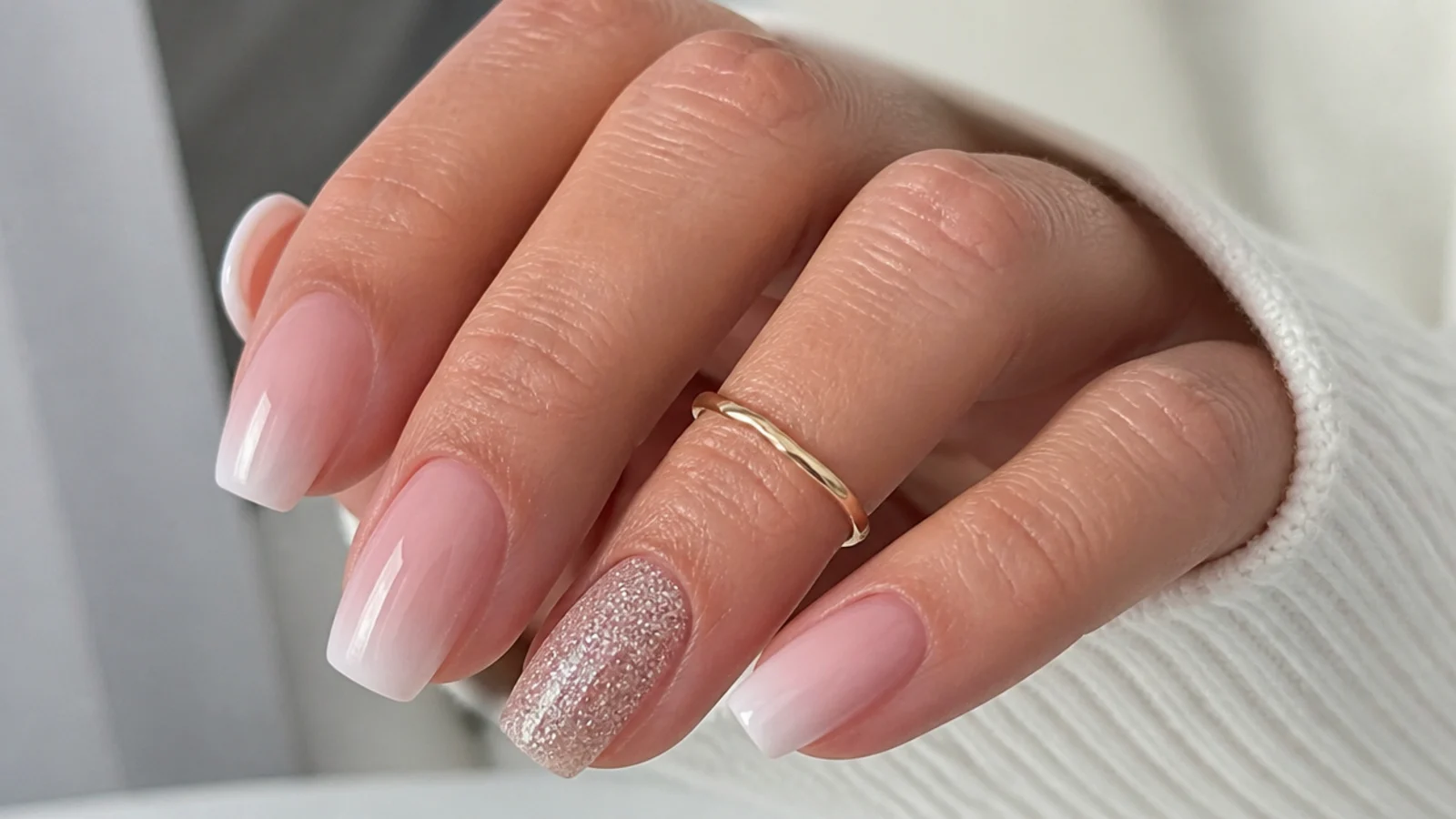 Baby boomer nails with one full-glitter accent nail