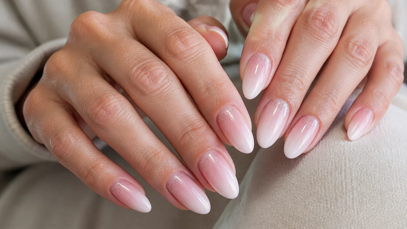 Baby boomer nails with glitter faded into the gradient