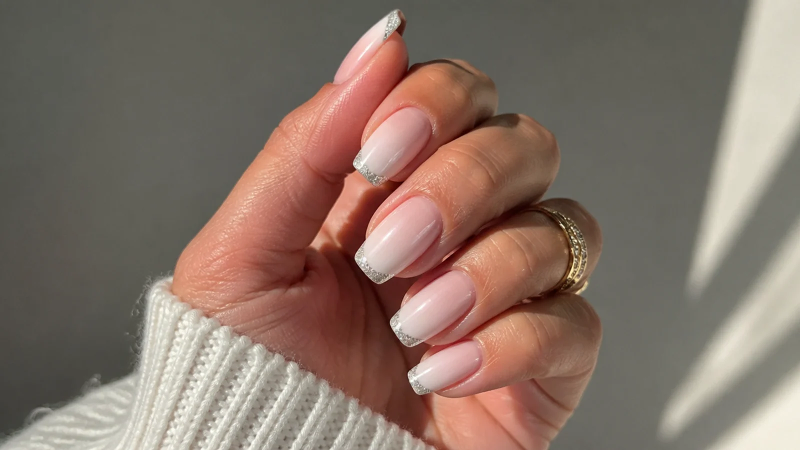 Baby boomer nails with a silver glitter tip