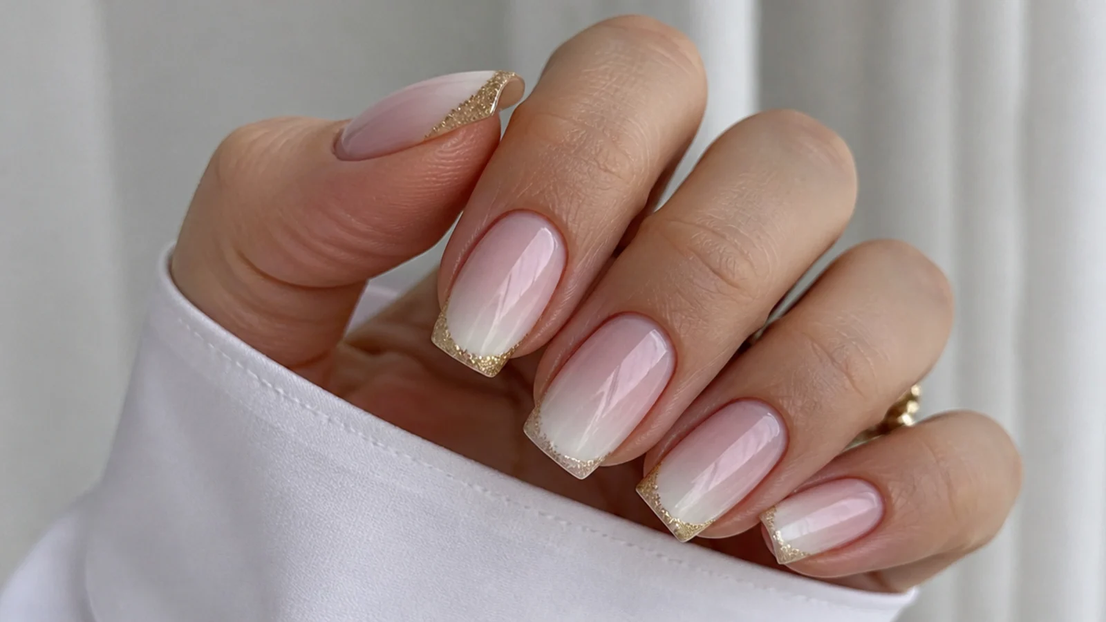 Baby boomer nails with a gold glitter tip