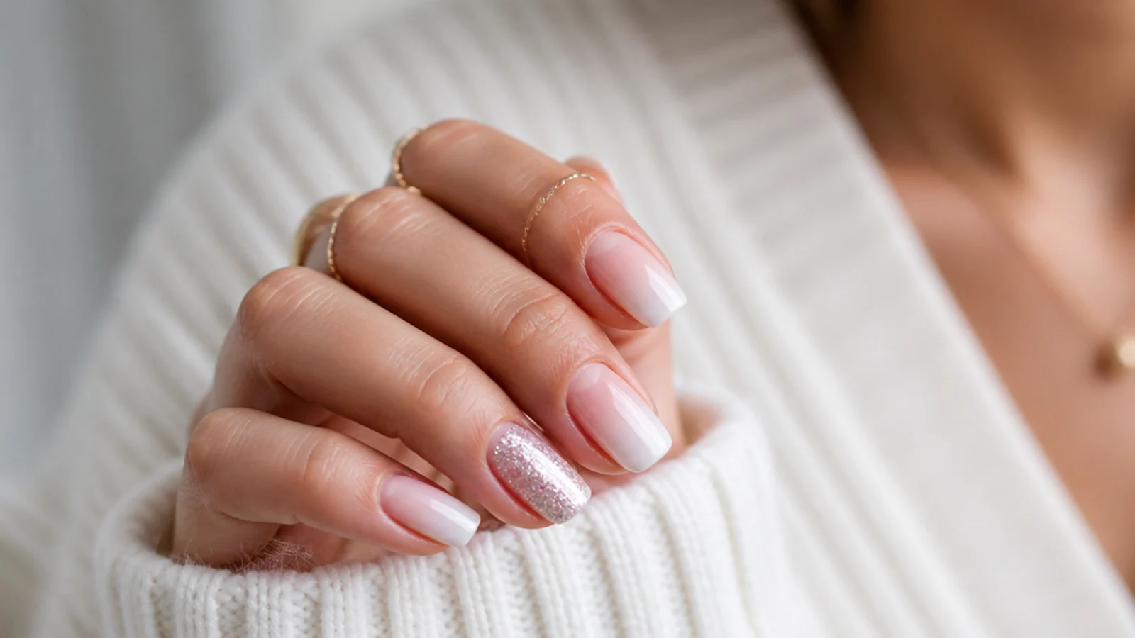 Baby boomer nails with a chunky glitter accent nail