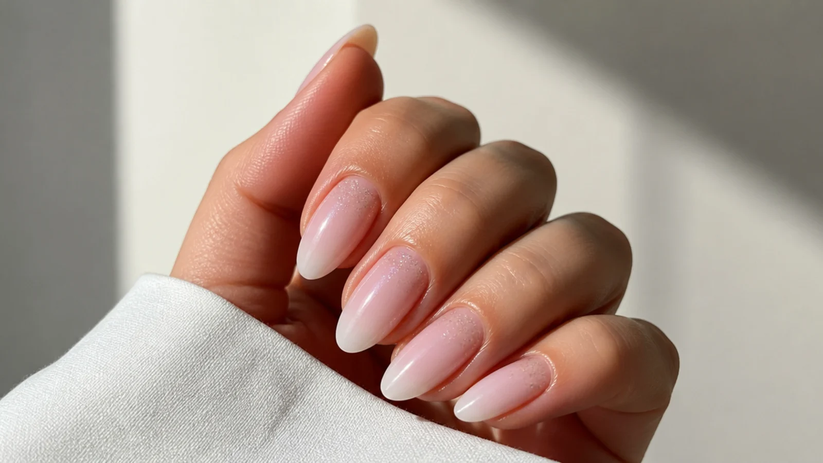 Baby boomer nails with iridescent glitter