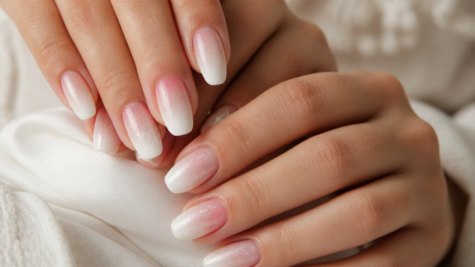 Soft bridal baby boomer nails with delicate glitter