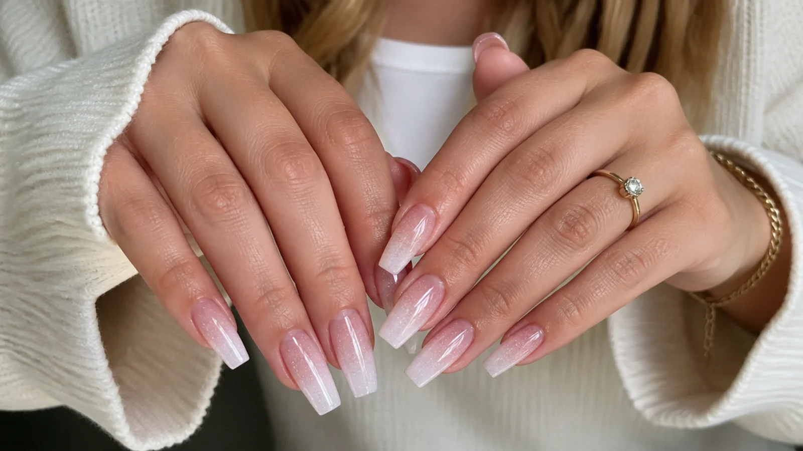 Coffin baby boomer nails with glitter
