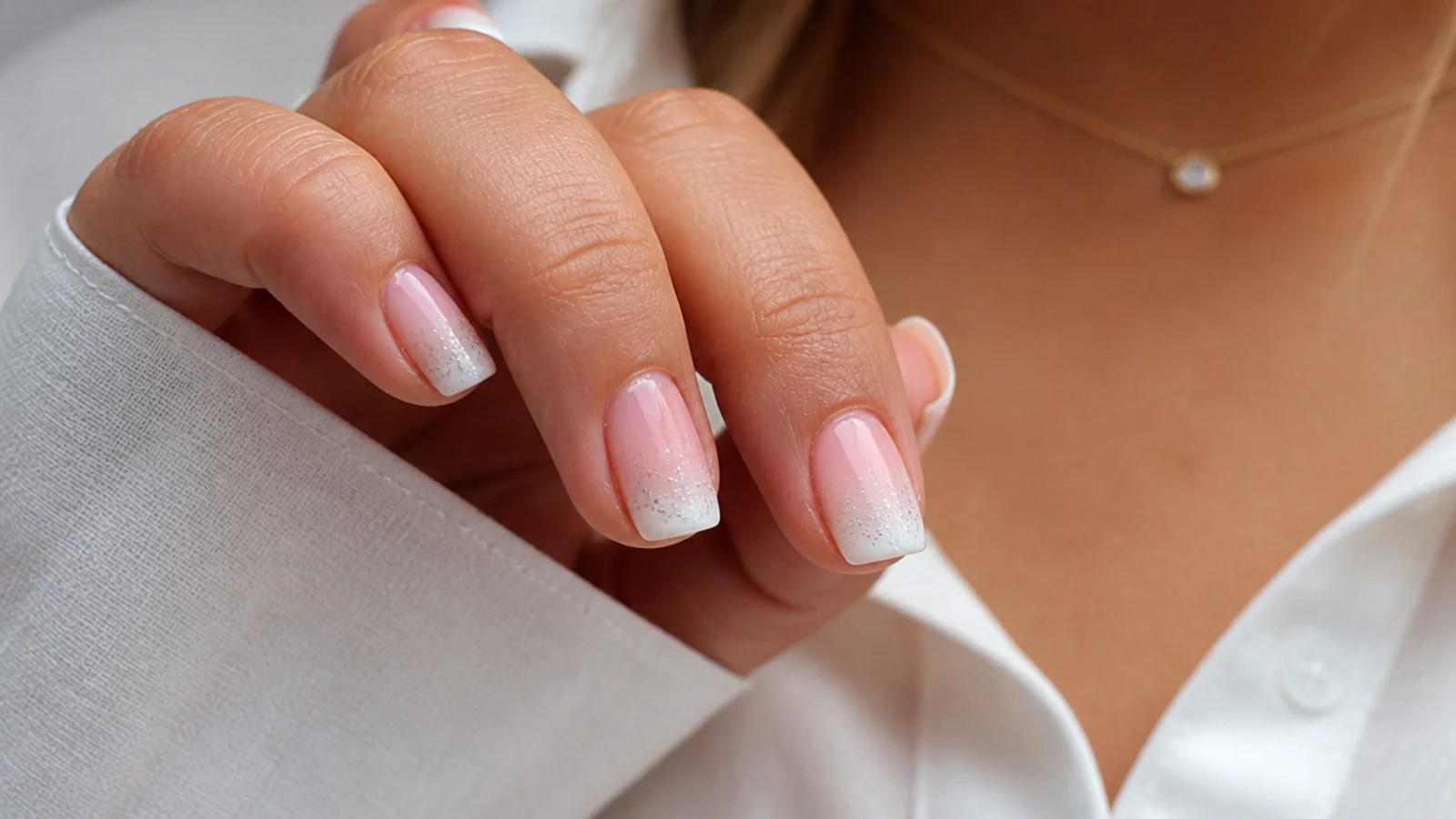Short square baby boomer nails with a glitter tip
