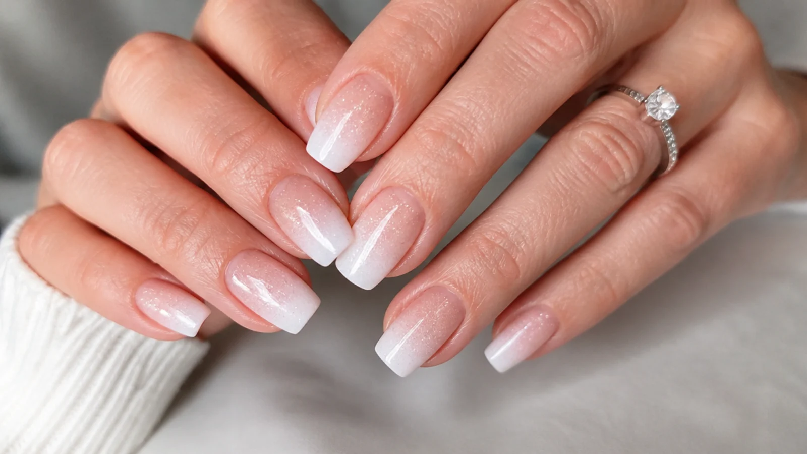 Baby boomer nails with soft champagne glitter