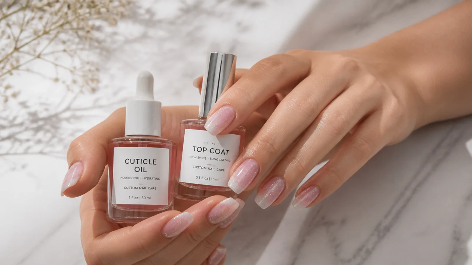 Cuticle oil and top coat for glitter baby boomer nails