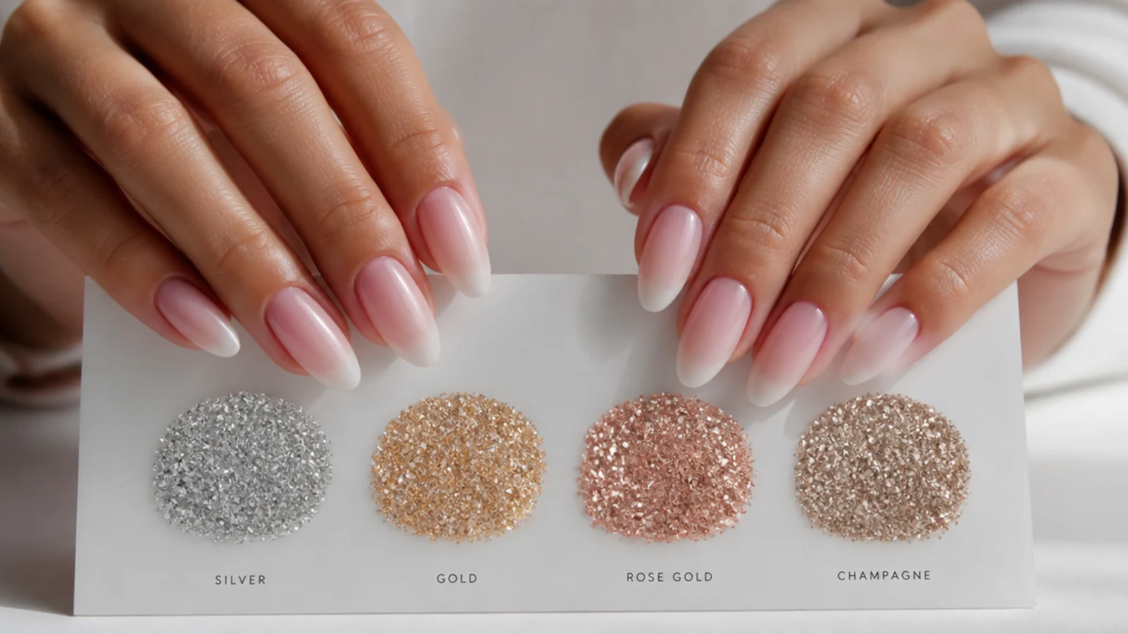 Silver, gold, rose gold and champagne glitter swatches