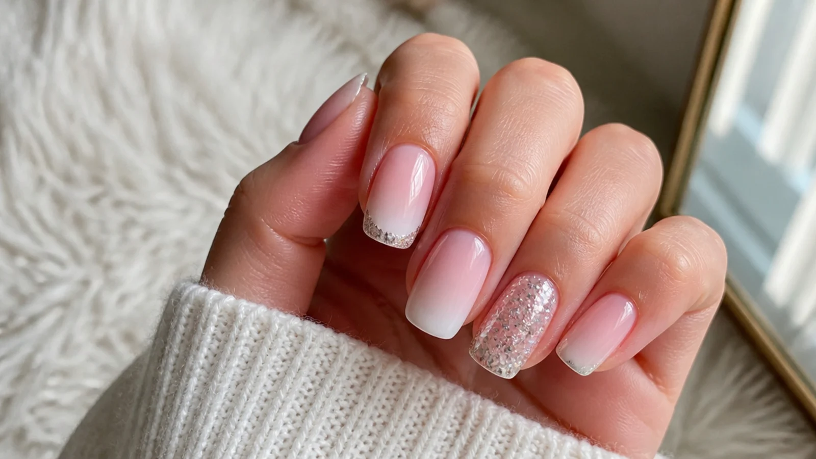 Subtle glitter tip next to a full glitter accent nail
