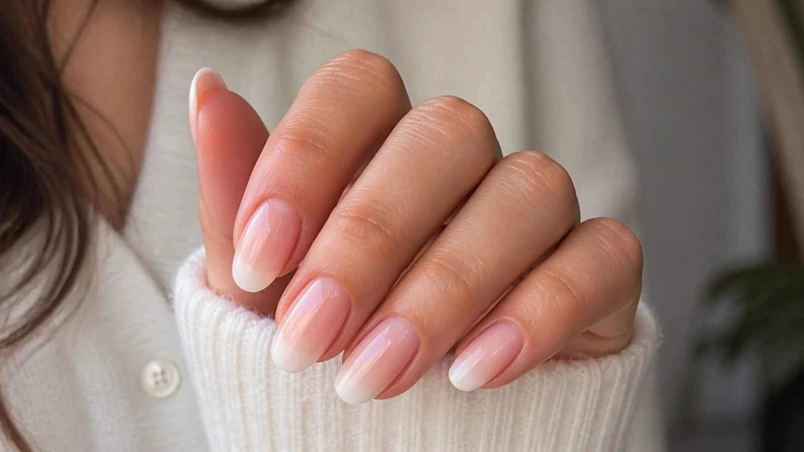 Warm peachy pink baby boomer nails