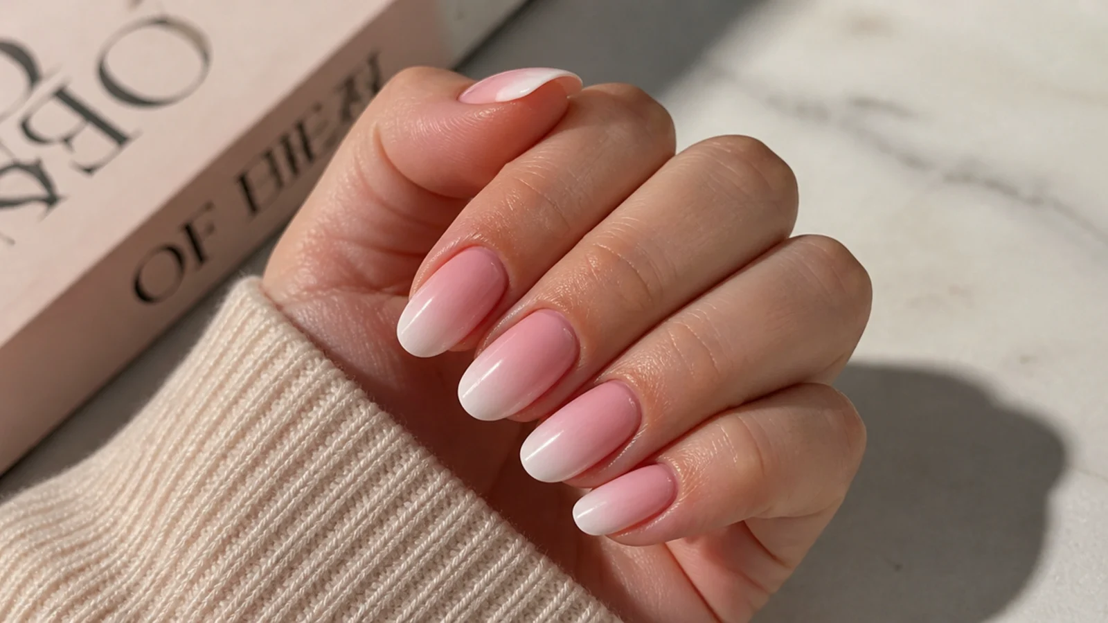 Pink baby boomer nails on an almond shape