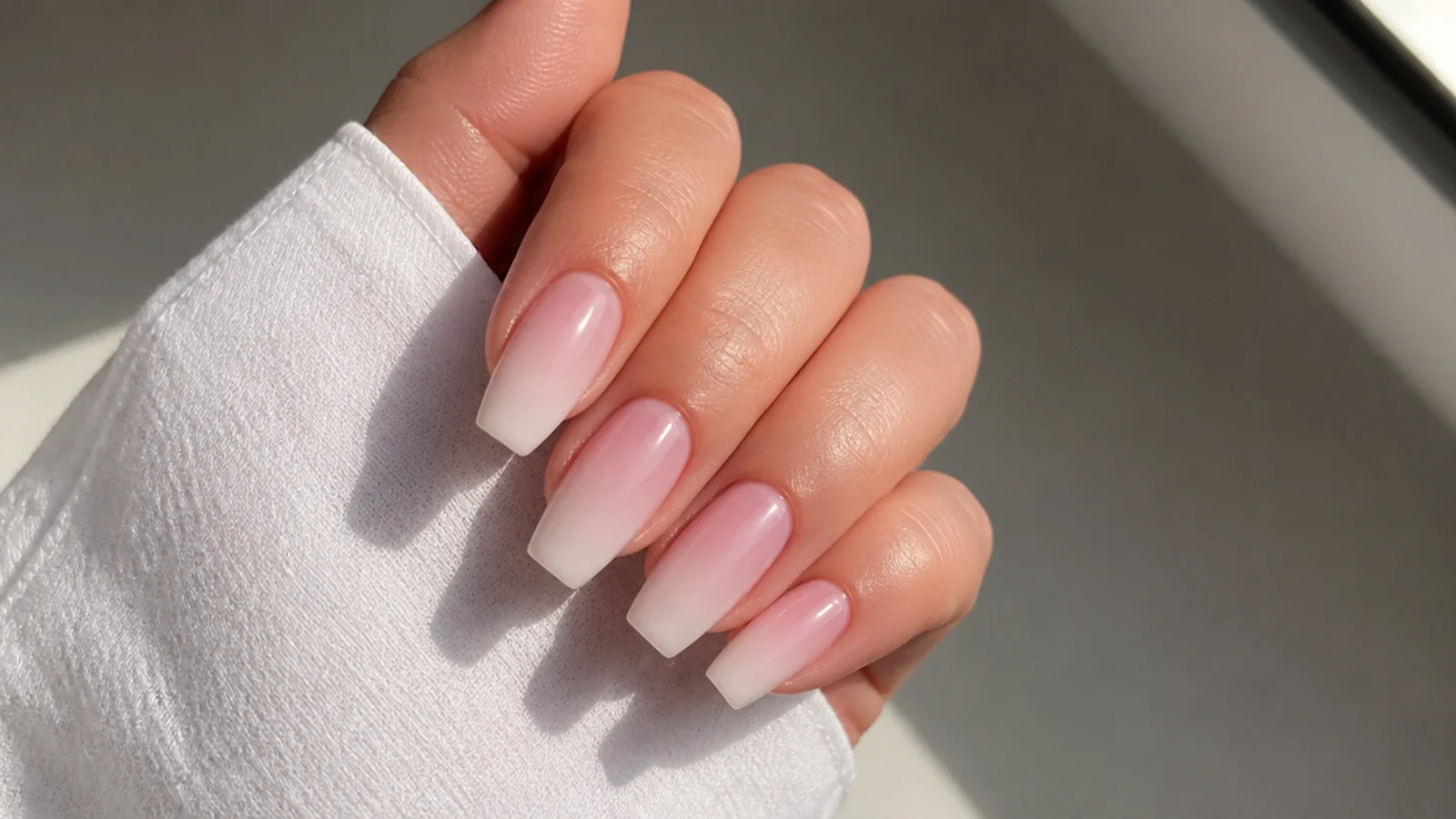Pink baby boomer nails with a chrome finish