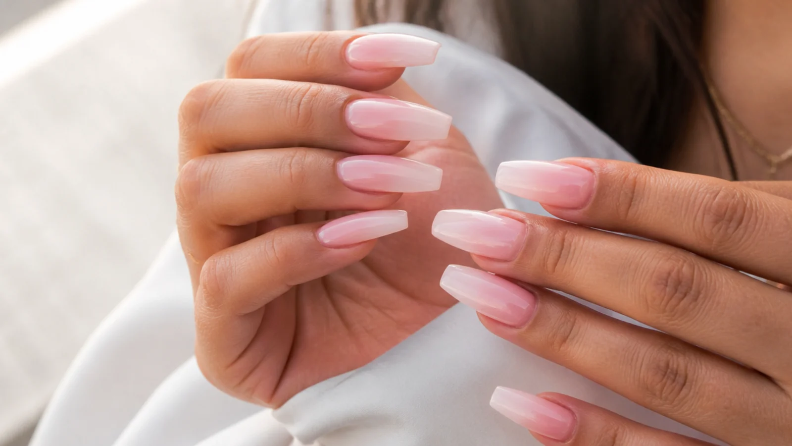 Pink baby boomer nails on long coffin nails