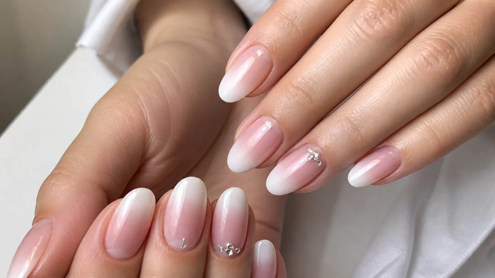 Pink baby boomer nails with rhinestone accents