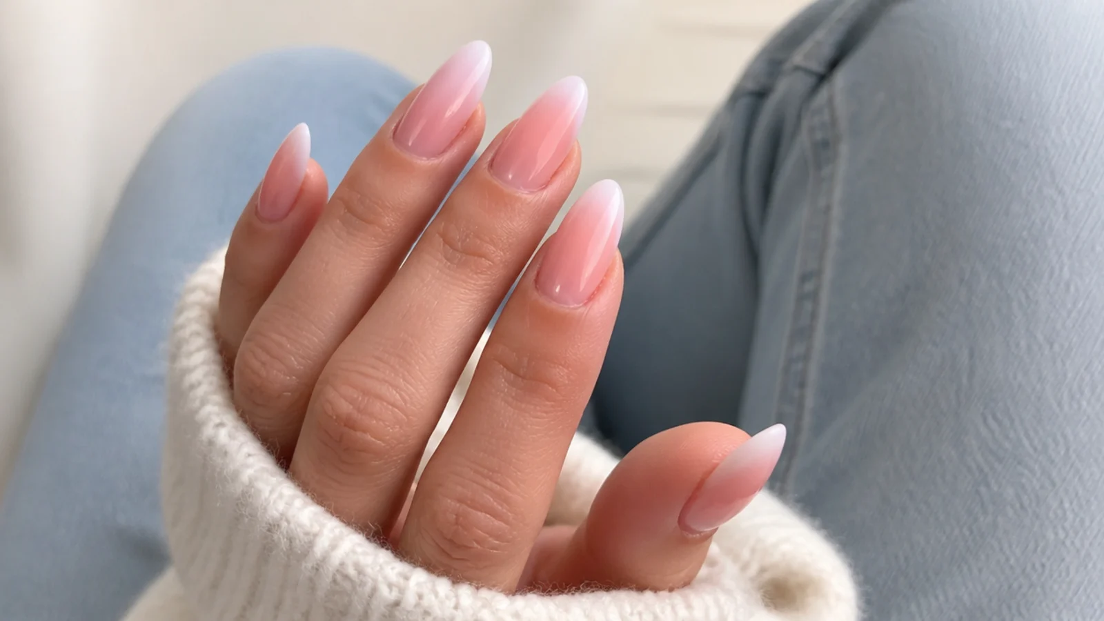 Long almond pink baby boomer nails