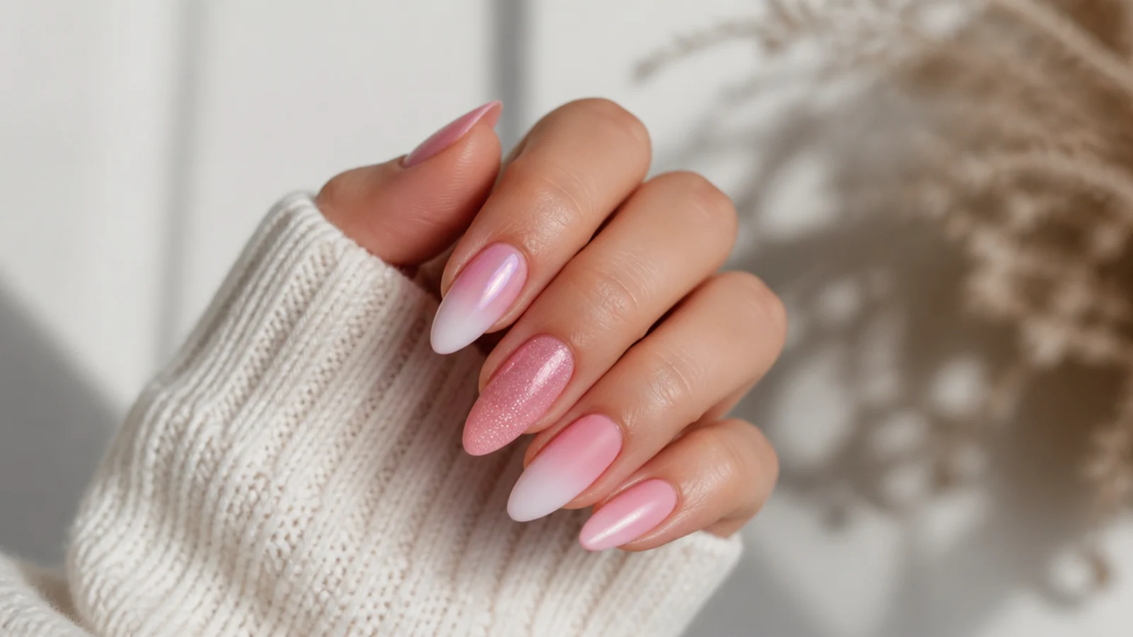 Pink baby boomer nails with chrome, matte and glitter finishes