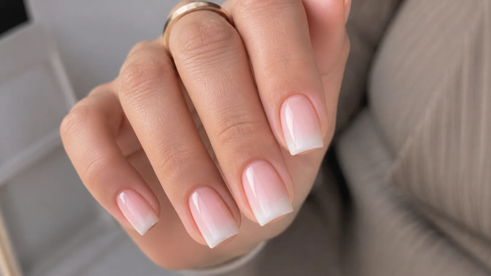 Nude-pink short square baby boomer nails