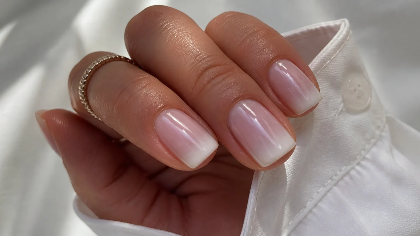 Short square baby boomer nails with pearl chrome