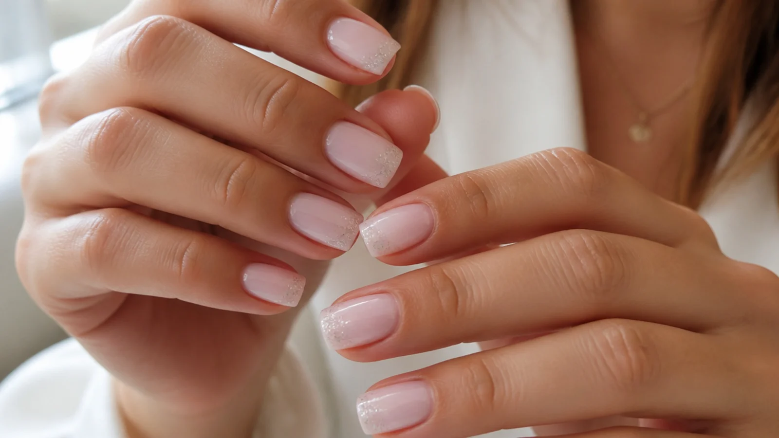 Short square baby boomer nails with a glitter tip