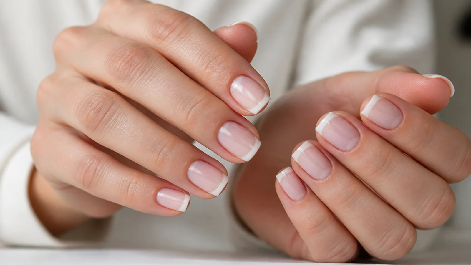 Short square baby boomer nails with a French line