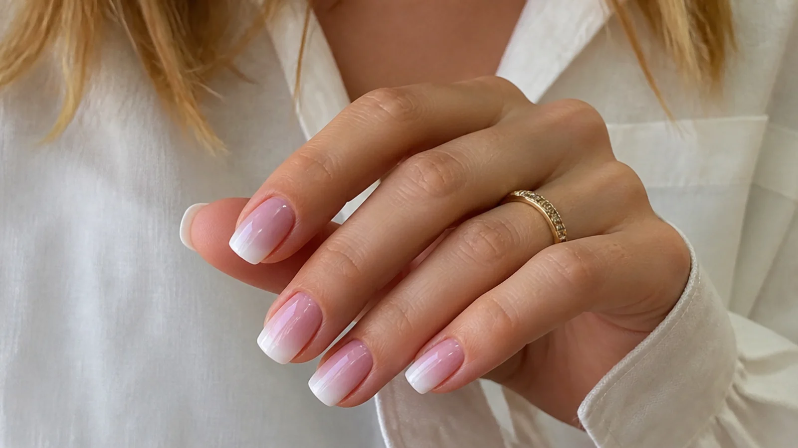 High-gloss short square baby boomer nails
