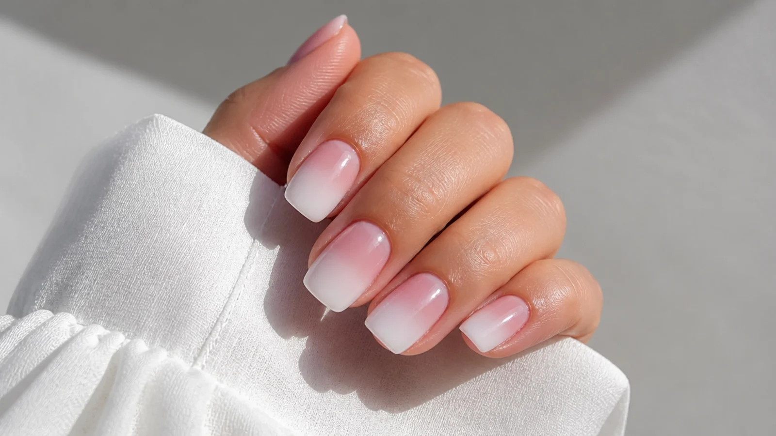 Rosy pink short square baby boomer nails