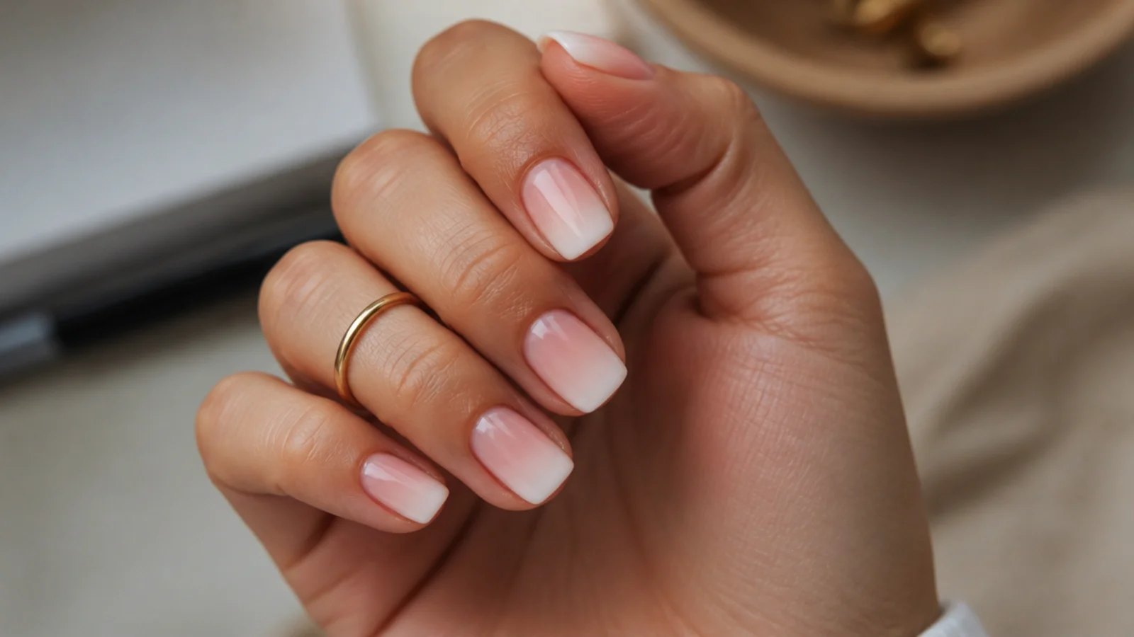 Office-friendly neutral short square baby boomer nails