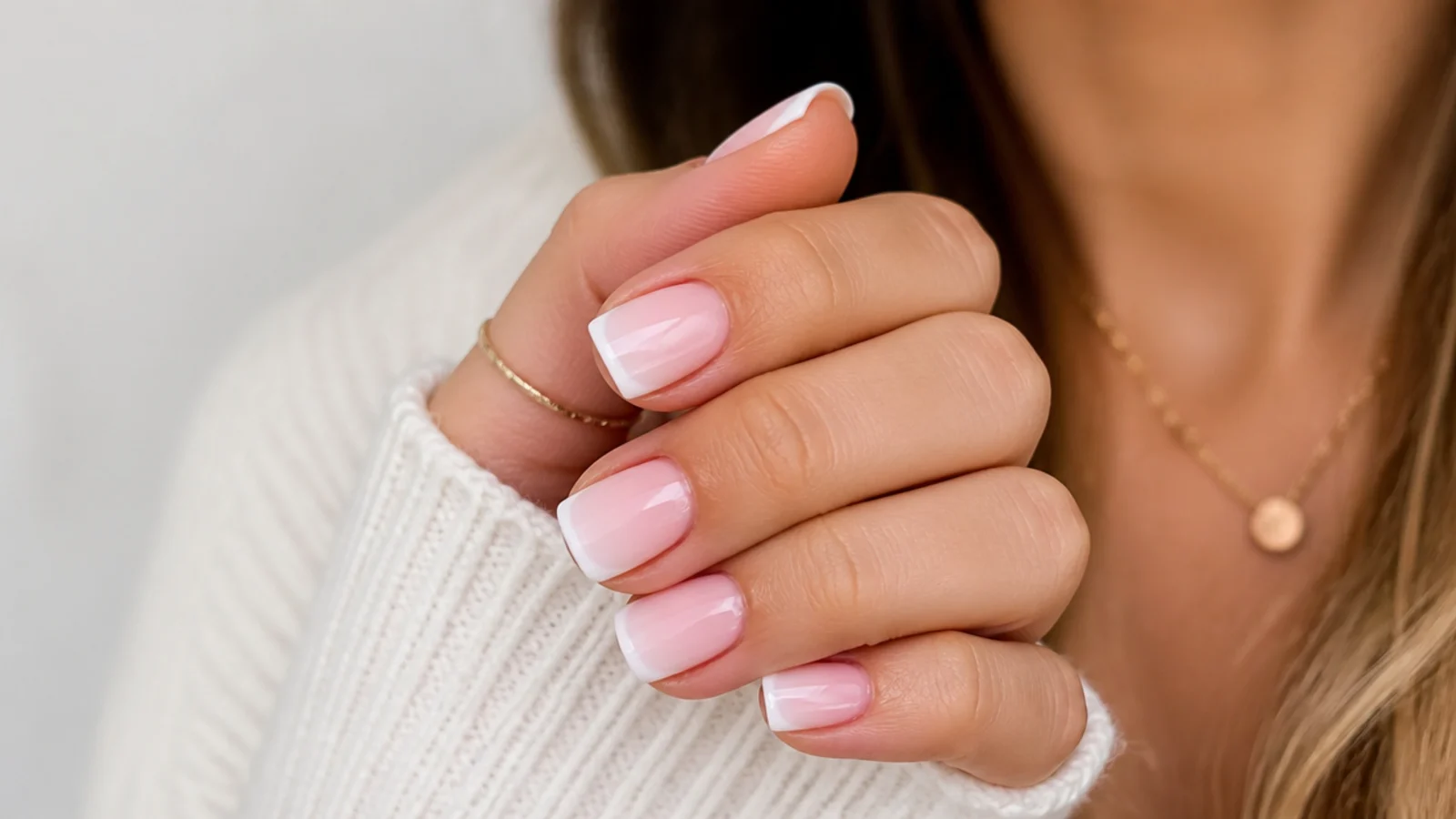 Short square baby boomer nails with a micro-French line
