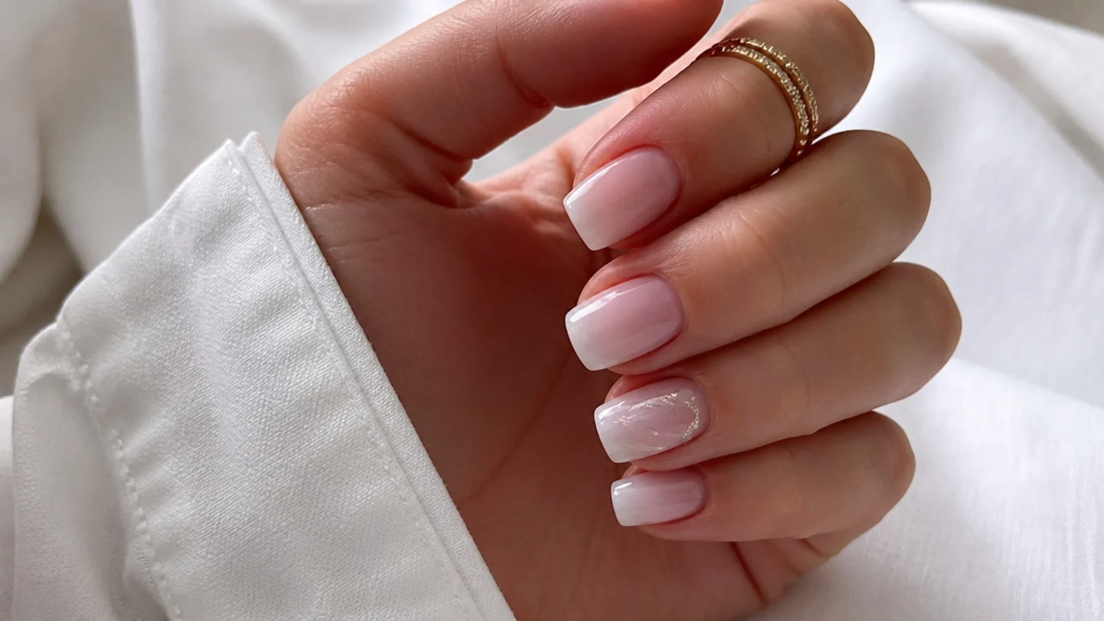 Short square baby boomer nails with a subtle accent nail
